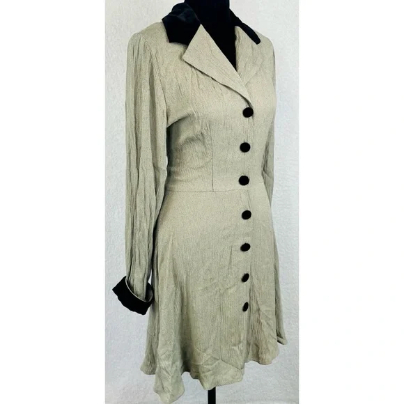 (VTG) CITY TRIANGLES • Sand/Brown Velvet Trim Button Long Sleeve Mini Dress, 7 - Picture 7 of 16